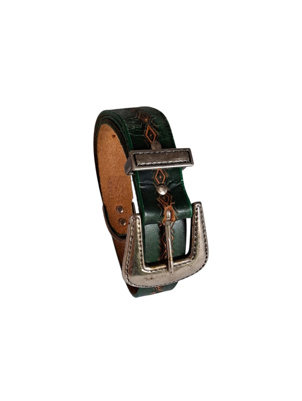 Belt Leather Green Tooled Geometric Pattern Western Silver Tone Metal Buckle